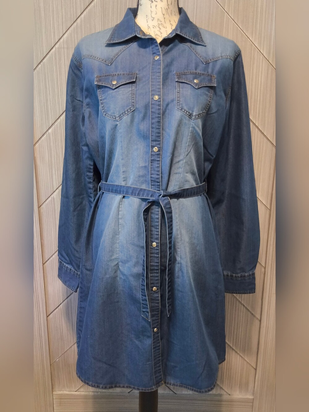 Wrangler L Denim Western Snap Front Belted Shirt Dress Cowgirl Ranch Western